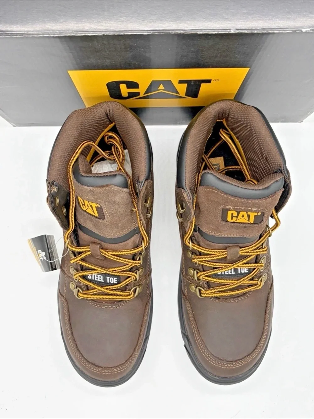 Caterpillar Brown Steel Toe Work Boots with Yellow Accents